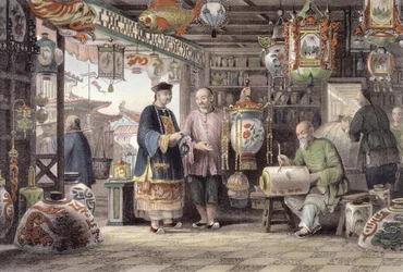 George Newenham Wright（c.1790-1877）1843による「中国の一連の眺めの中の中国」からの北京のランタン商人のショールーム
